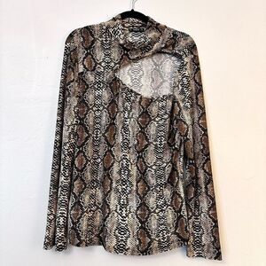 Shein Python Print Mock Neck Stretch Cutout Long Sleeve Top Taupe Tan 2XL